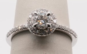 LADIES 18K WG ENG RING HALO ROUND CENTER 0.30CTW E/VVS2 GIA 2276670293