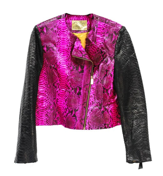 CROPPED MOTO JACKET - PYTHON BLACK/HOT PINK