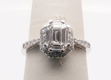 14KW .88 CTW EMERALD CLUSTER ENG RING WITH HALO
