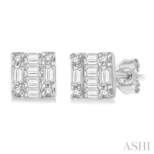 14K WG PETITE RD/BGT EARRINGS 0.15CTW