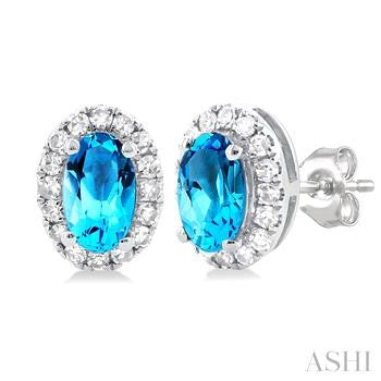 10K WG OVAL HALO AQUA MARINE EARRINGS 0.13CTW