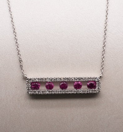 LADIES 14KWG BAR NECKLACE RUBY=0.39CTW D=0.13CTW