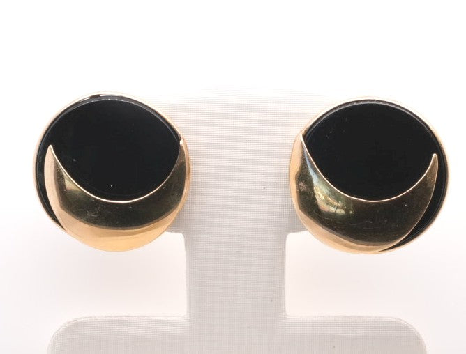 ESTATE 14KYG ONYX AND GOLD ROUND FASHION EARRINGS