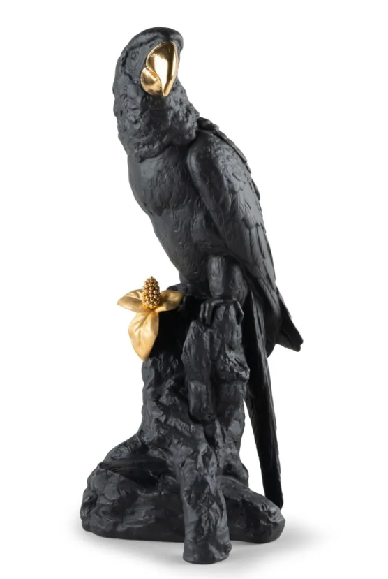 Macaw Bird Sculpture. Black-Gold. Limited Edition